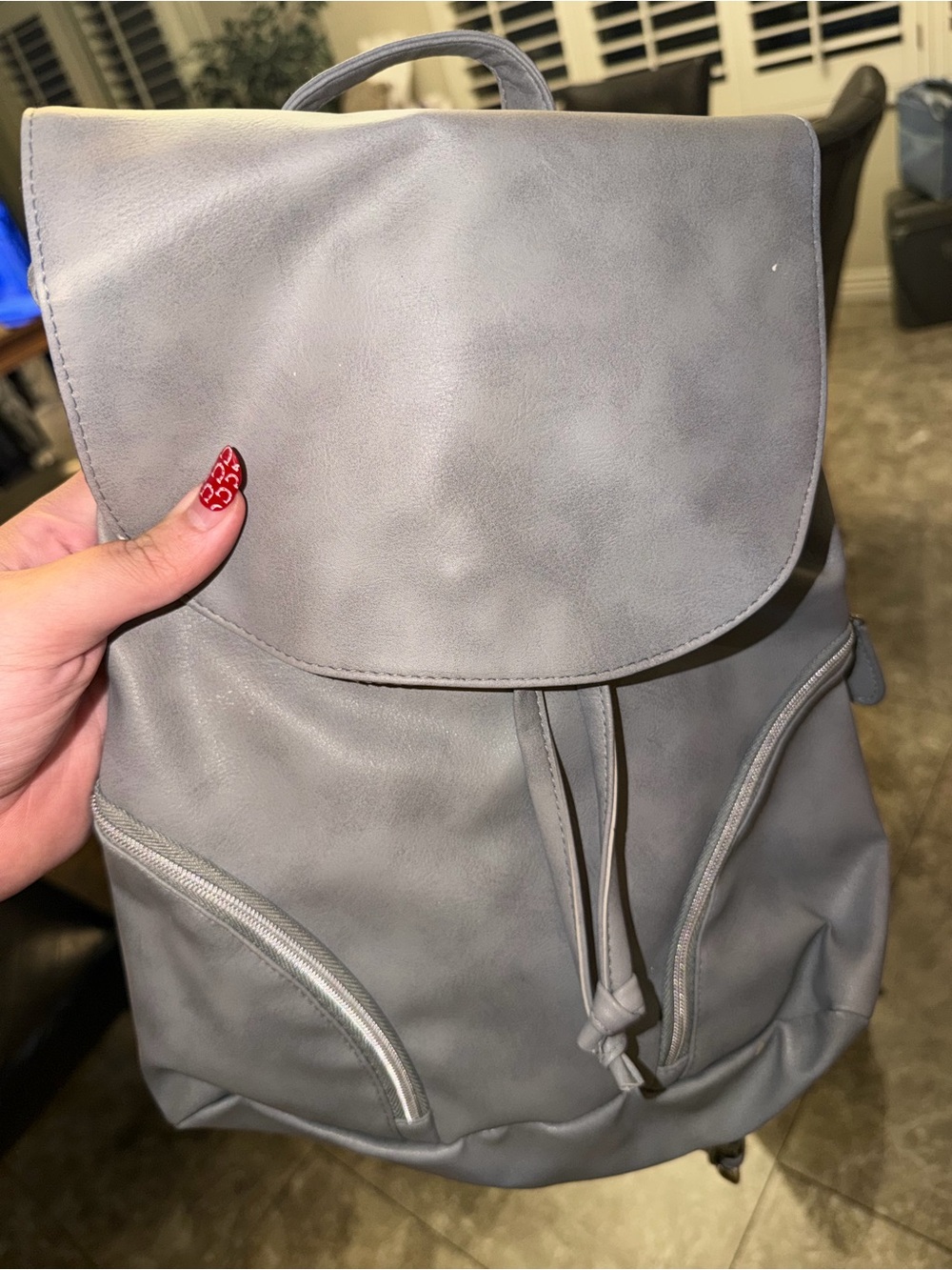 Stylish Gray Vegan Leather Drawstring Backpack